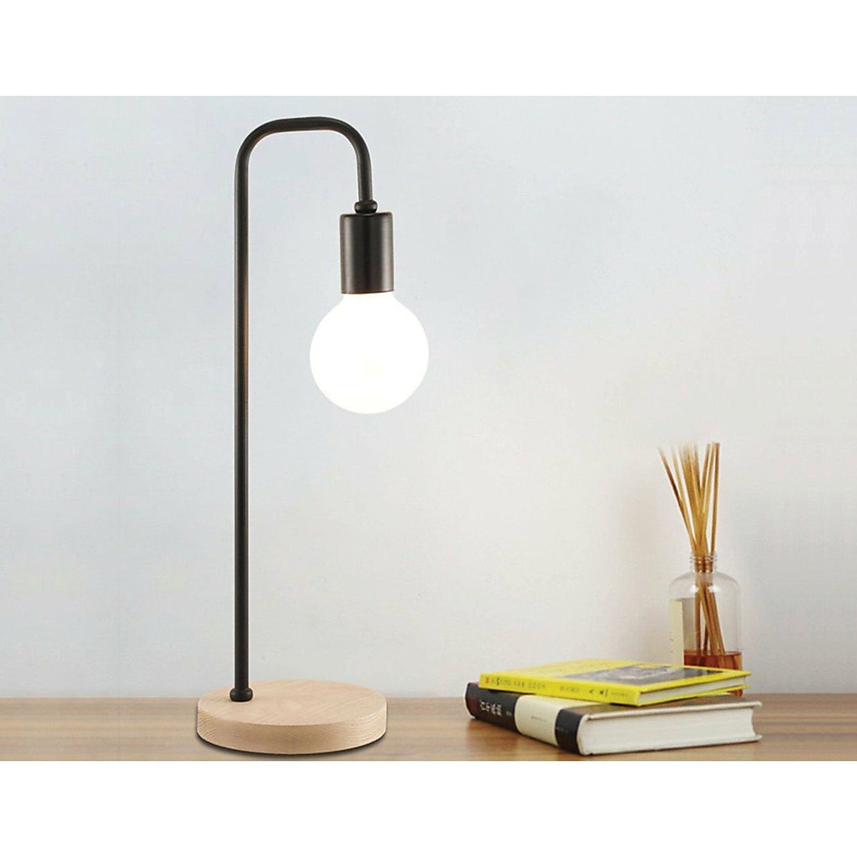 Modern Black Table Lamp, Timber Base