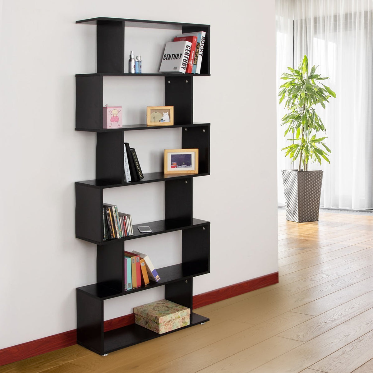 Wooden S-Shape Bookcase, 6 Shelves