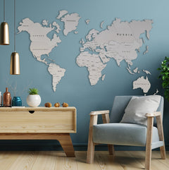 Wooden World Map Wall Art, White