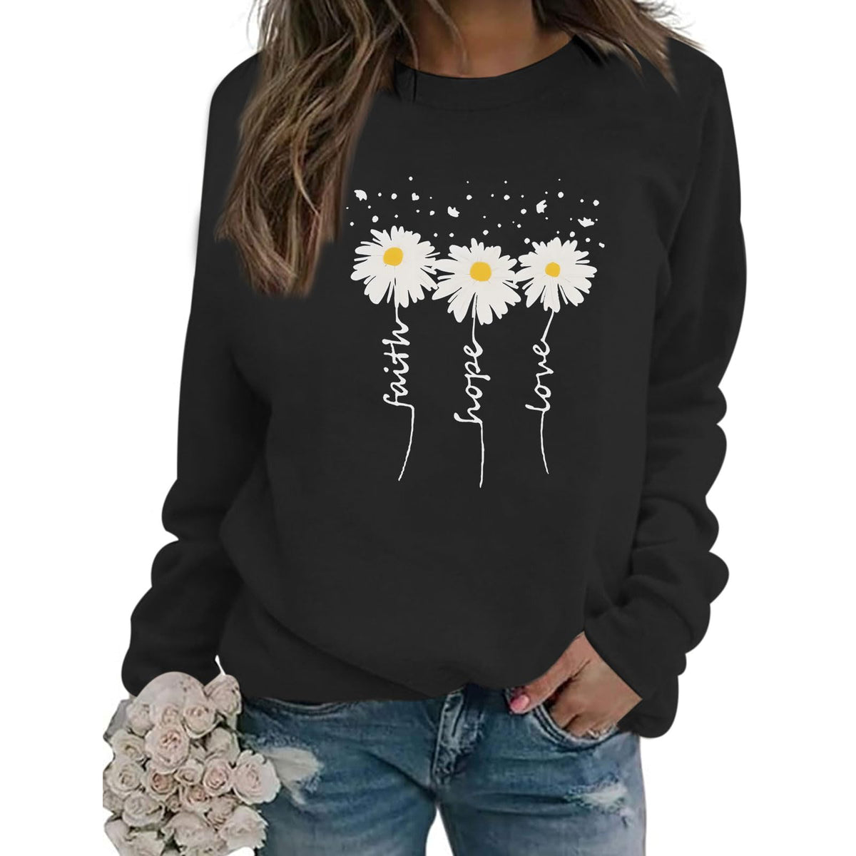 Sulayesh Christian Daisy Graphic Sweatshirts for Women Faith Love Hope Religious Long Sleeve floral Shirts Loose Pullover Top (BlackS)