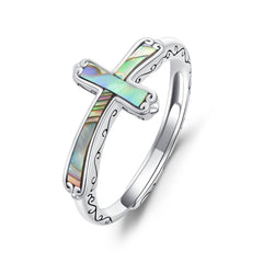 PORTCAS Jesus Cross Rings Sterling Silver Faith Abalone Shell Adjustable Wrap Rings for Women Teens Inspirational Jewelry Gifts for Gils