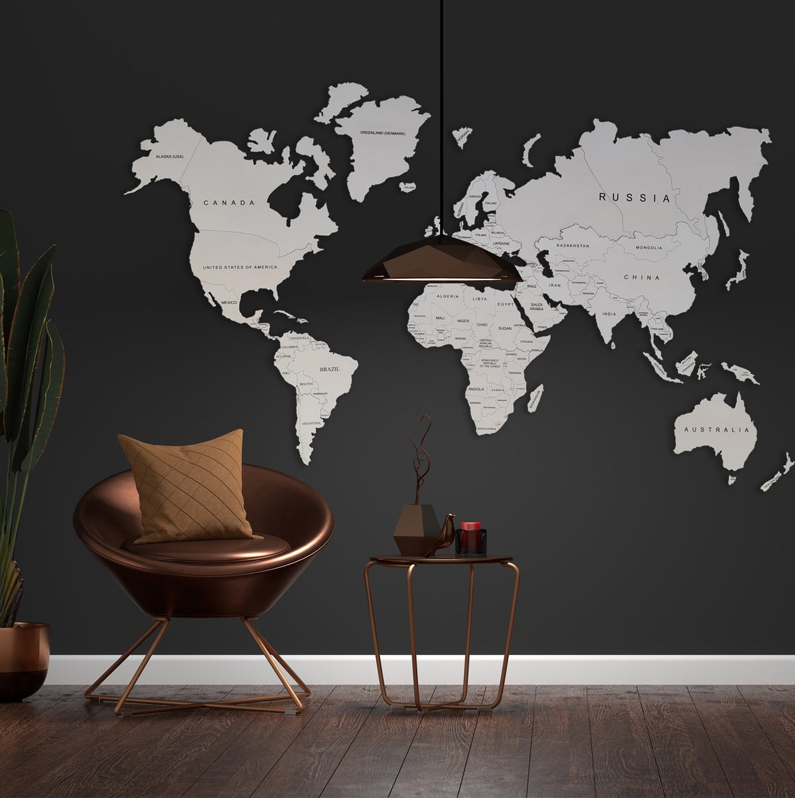 Wooden World Map Wall Art, White