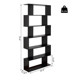 Wooden S-Shape Bookcase, 6 Shelves
