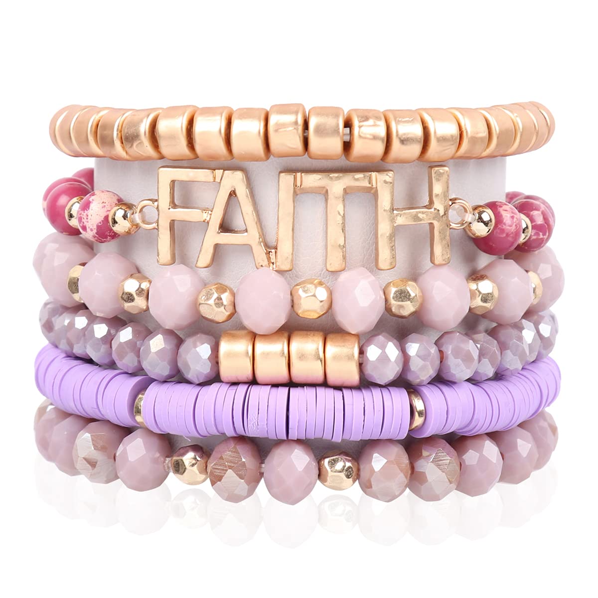 RIAH FASHION Inspirational Multi Layer Beaded Stackable Statement Bracelets - Stretch Strand Slip-on Prayer Bangle Set (Disc Bead Lettering Mix - Faith Purple)