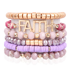 RIAH FASHION Inspirational Multi Layer Beaded Stackable Statement Bracelets - Stretch Strand Slip-on Prayer Bangle Set (Disc Bead Lettering Mix - Faith Purple)